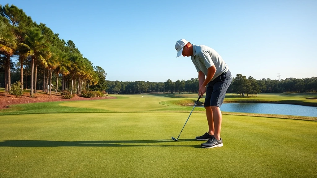Golfer on putting green carefully reading break and line, studying green contours intently before stroking putt, scenic course background with trees and water hazard visible