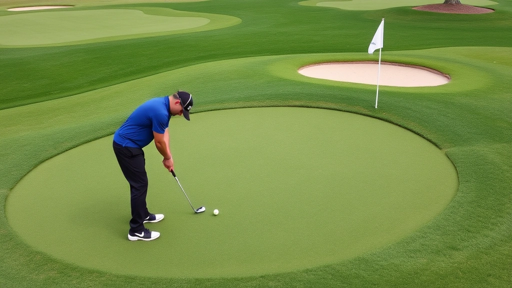 Short-game practice area with chipping green, multiple golf balls, practice flags, and bunker, beginner practicing near the hole, concentration and skill development