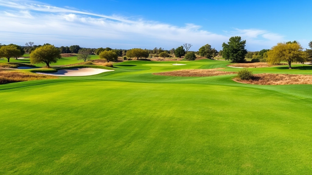Scenic golf fairway with rolling terrain, bunkers, and manicured grass under blue sky, featuring native trees and natural landscape elements typical of championship courses