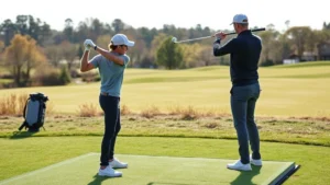 Beginner golfer practicing swing on driving range with instructor guidance, natural outdoor setting, focused posture and form, morning sunlight on fairway