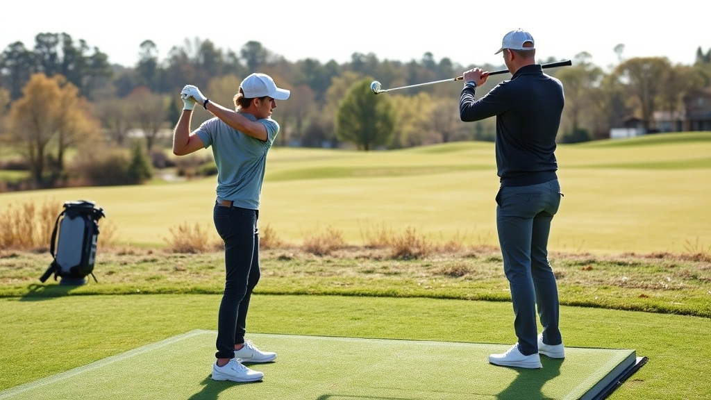 Beginner golfer practicing swing on driving range with instructor guidance, natural outdoor setting, focused posture and form, morning sunlight on fairway