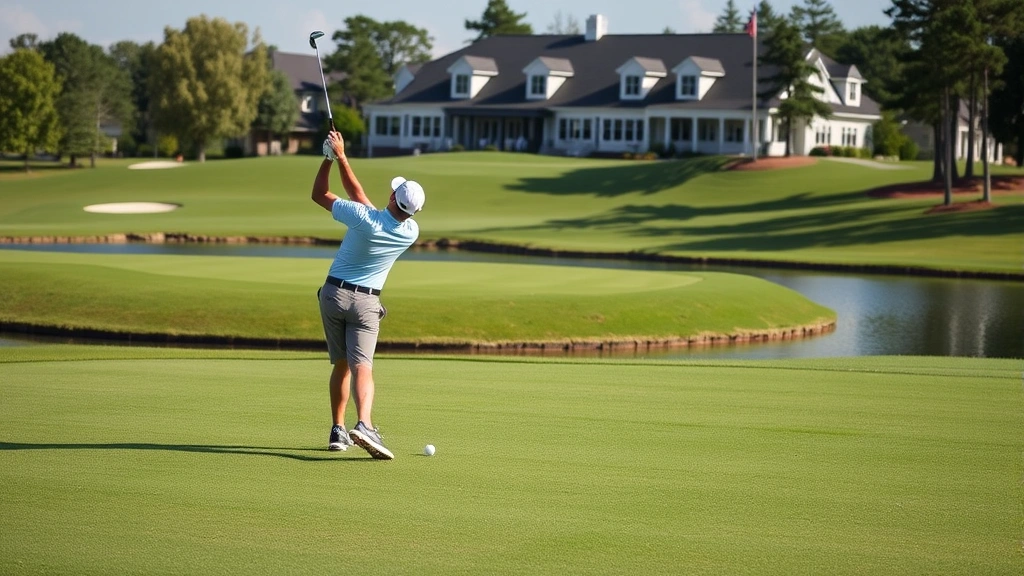 Professional golfer mid-swing on well-maintained fairway with strategic water hazard visible, clubhouse structure in background, demonstrating course quality and design