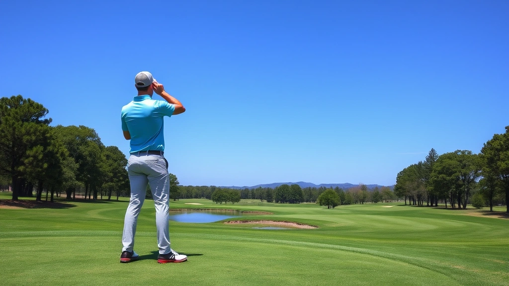 Golfer standing on tee box overlooking scenic hole with water hazard and trees, professional course layout, clear blue sky, natural landscape
