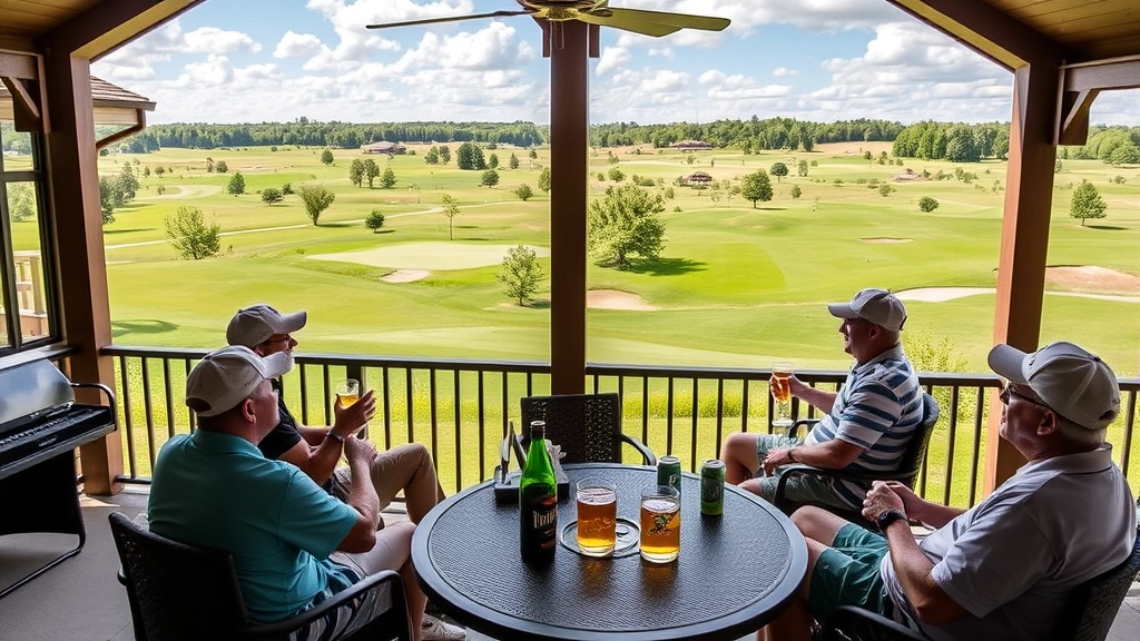 Golfers relaxing on clubhouse patio with beverages, overlooking pristine fairways and greens, showcasing social amenities and community atmosphere of upscale golf facility