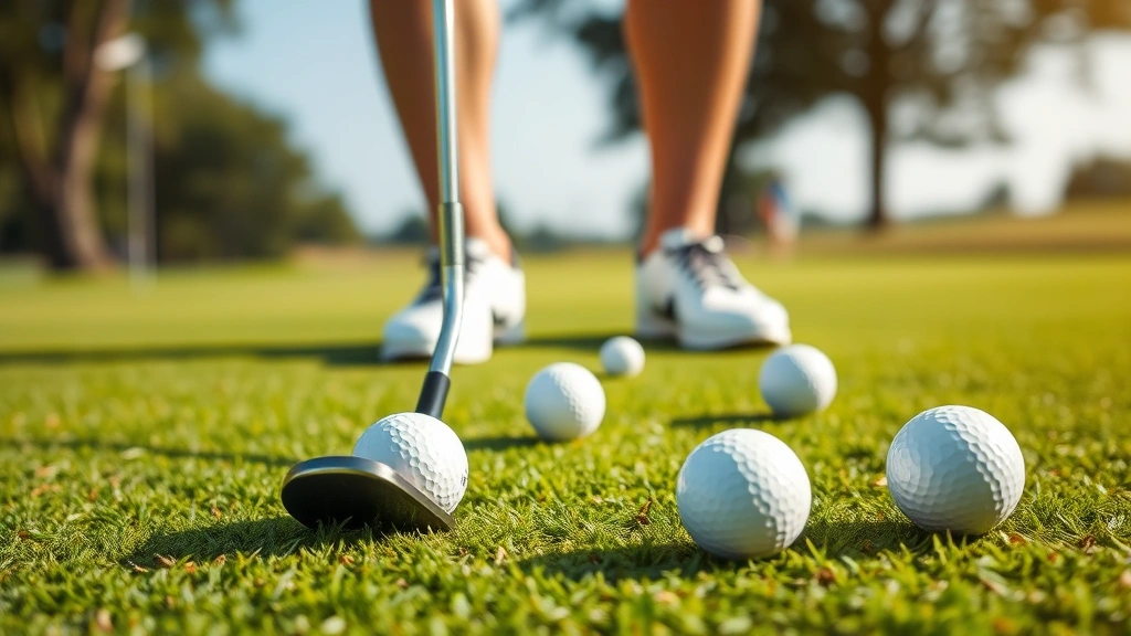 Close-up of golfer on practice green with putter, multiple golf balls, manicured grass, concentration on short game fundamentals, natural lighting