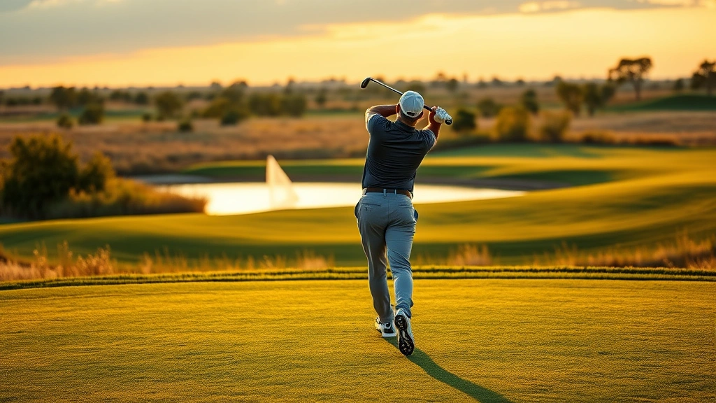 Golfer mid-swing on manicured fairway with water hazard in background, Kansas landscape, golden hour lighting, professional golf photography, no text visible
