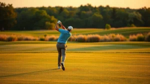 Golfer mid-swing on fairway with manicured grass and distant treeline, natural Kansas landscape, golden hour lighting