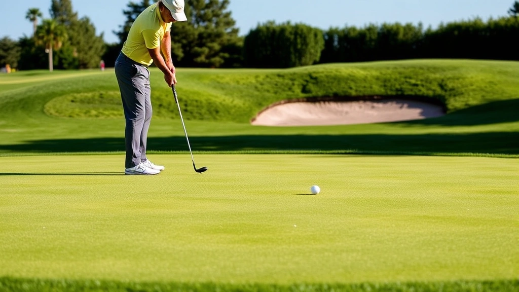 Well-maintained putting green with undulating surface, golfer preparing to putt, clear sky, vibrant green turf, professional golf course conditions, no scorecard or markers visible