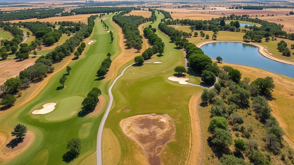 Golf course landscape overview showing fairway corridor with bunkers, tree-lined holes, water features, natural Kansas terrain, sunny conditions, no signage or text elements