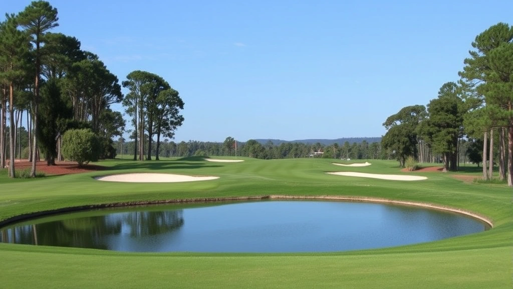 Golf course hole with water hazard, sand bunkers, fairway stretching toward green, trees framing hole, natural scenery