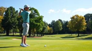 A beginner golfer in athletic wear preparing to tee off on a beautiful championship golf course with manicured fairways, trees, and blue sky, holding a driver with focused posture