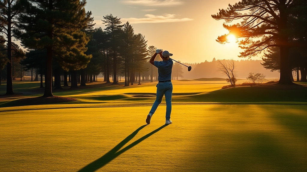 Golfer mid-swing on fairway with natural landscape, trees, and morning sunlight creating long shadows across manicured grass, serene golf course environment