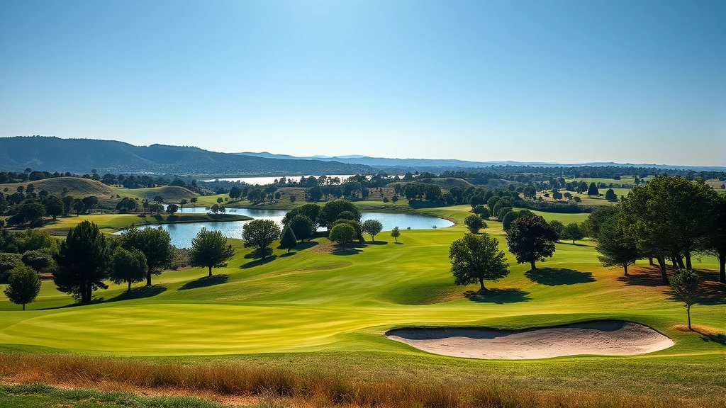 Wide view of a pristine golf course landscape showing multiple holes, rolling terrain, water hazards reflecting sunlight, mature trees lining fairways, and sand bunkers under natural daylight