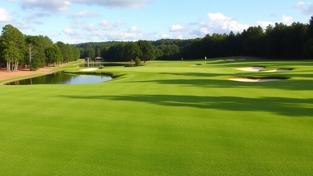 Well-maintained golf course green with bunkers, water hazard reflecting sky, multiple tee boxes visible, scenic natural backdrop with dense trees