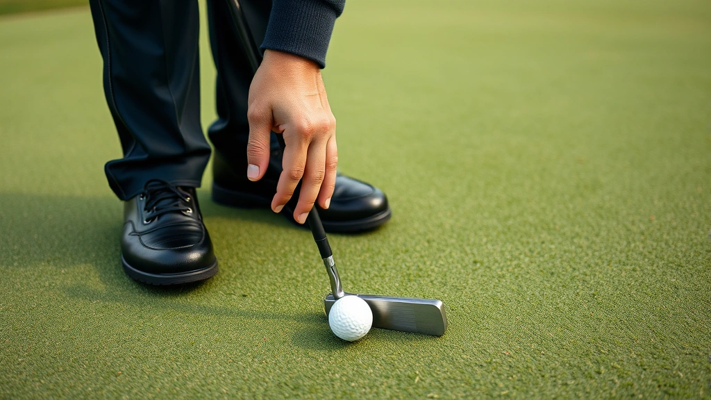 Close-up of a golfer's hands and putter on a perfectly maintained putting green with subtle breaks and contours, demonstrating proper grip and alignment technique