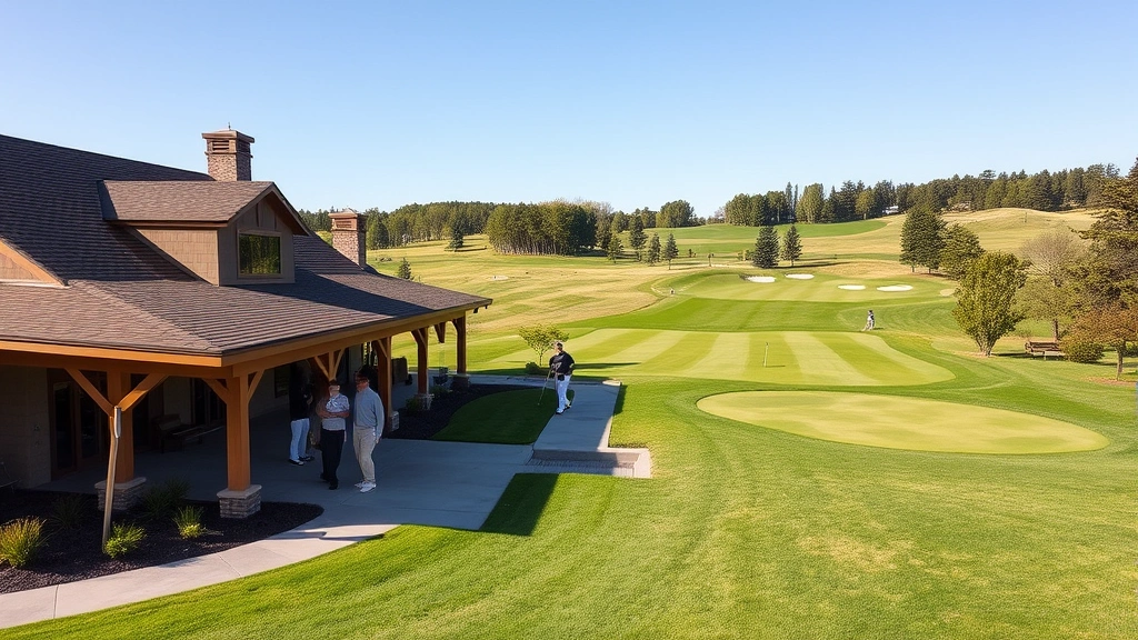 Golf course clubhouse exterior with practice range visible, golfers warming up, modern facility architecture, landscape showing course layout and maintenance quality