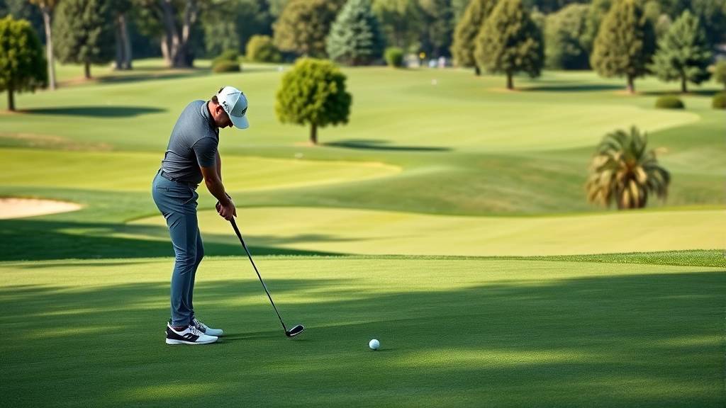 Golfer addressing the ball at a scenic golf course with manicured fairways and trees, showing proper stance and posture setup, professional photography style