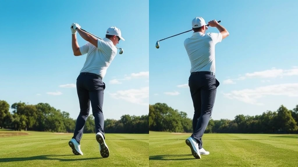 Professional golfer mid-backswing demonstrating proper body rotation and club position, showing coil and balance in outdoor course setting with green grass and blue sky