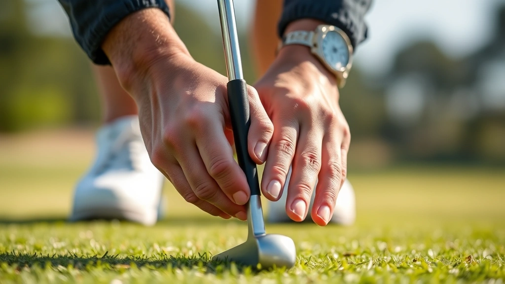Close-up of golfer's hands on putter, demonstrating proper grip technique on the green with natural lighting and sharp focus on hand position