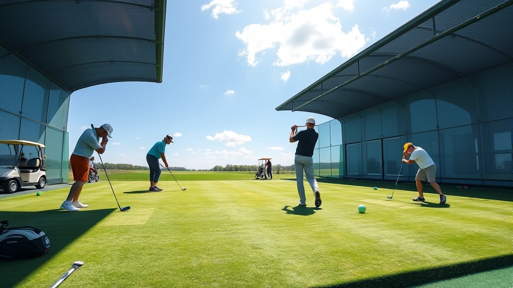 Wide shot of golf practice range with multiple golfers hitting shots toward targets, showing diverse skill levels practicing with various clubs under daylight