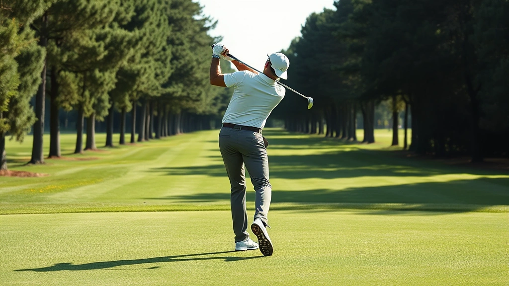 Golfer in follow-through position with complete balance, weight shifted forward, body rotating toward target, natural finish position on manicured fairway with trees in background