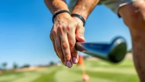 Professional golfer demonstrating proper grip technique on golf club at driving range with manicured grass and clear blue sky, hands in focus showing finger positioning
