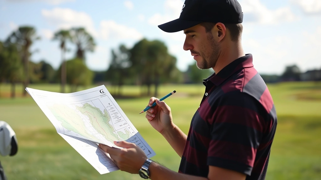 Golfer studying scorecard and course map before round, holding pencil, reviewing strategy notes, focused expression, outdoor golf course setting with trees and fairway visible