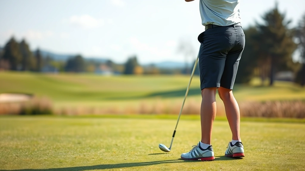Golfer in athletic stance position on fairway with correct posture, knees flexed, spine tilted, arms hanging naturally, scenic golf course landscape in soft focus background