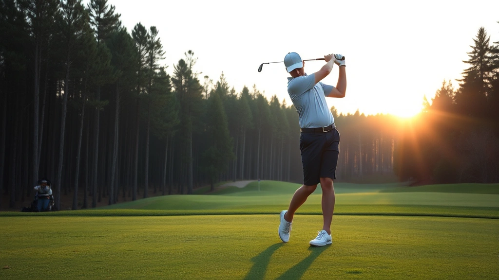 Golfer mid-swing on fairway at dawn, proper posture and form, forest backdrop, natural lighting, showing confident athletic motion and concentration
