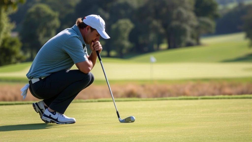 Golfer reading green contours before putting, crouched position analyzing slope, smooth green surface, pin flag visible in distance, peaceful course scenery