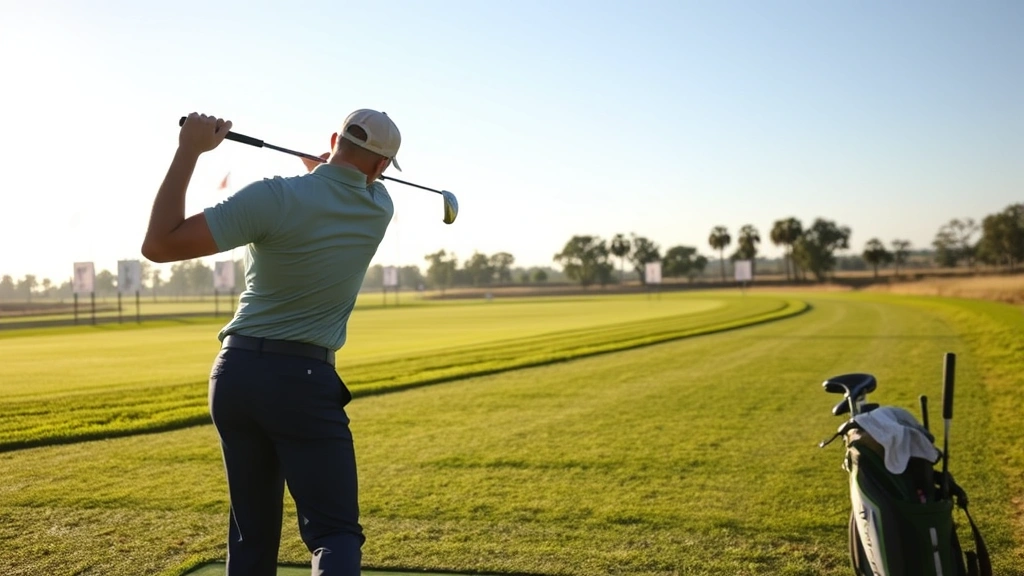 Professional golfer demonstrating proper swing technique on driving range with multiple target flags visible in background, morning sunlight illuminating form and posture