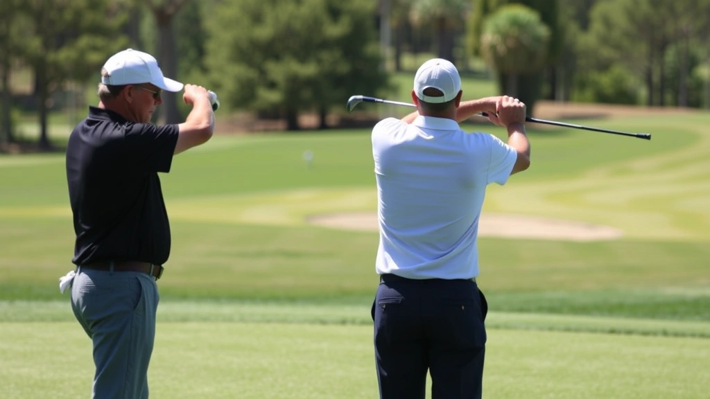 Golf instructor demonstrating swing mechanics to attentive student on practice range, showing proper form and technique, natural daylight, golf balls and clubs visible, educational moment captured
