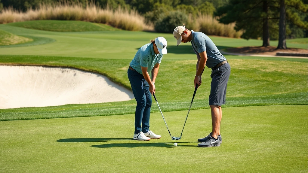 Golfer practicing short game on chipping green near practice bunker, focused concentration and deliberate practice technique with various lie conditions visible