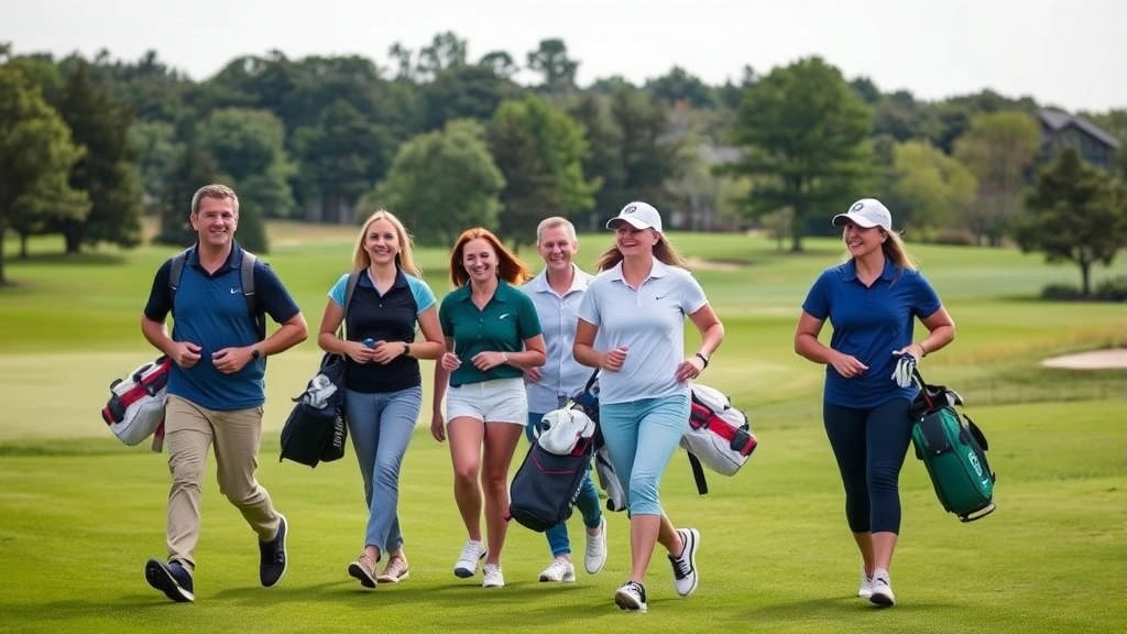 Diverse group of beginner golfers walking together on fairway carrying golf bags, smiling and engaged, scenic course landscape, trees and green grass, community learning atmosphere