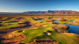 Aerial view of pristine 18-hole golf course with elevated greens, fairways lined with native vegetation, water hazards reflecting blue sky, Utah high desert landscape in background, professional turf conditions, early morning golden sunlight