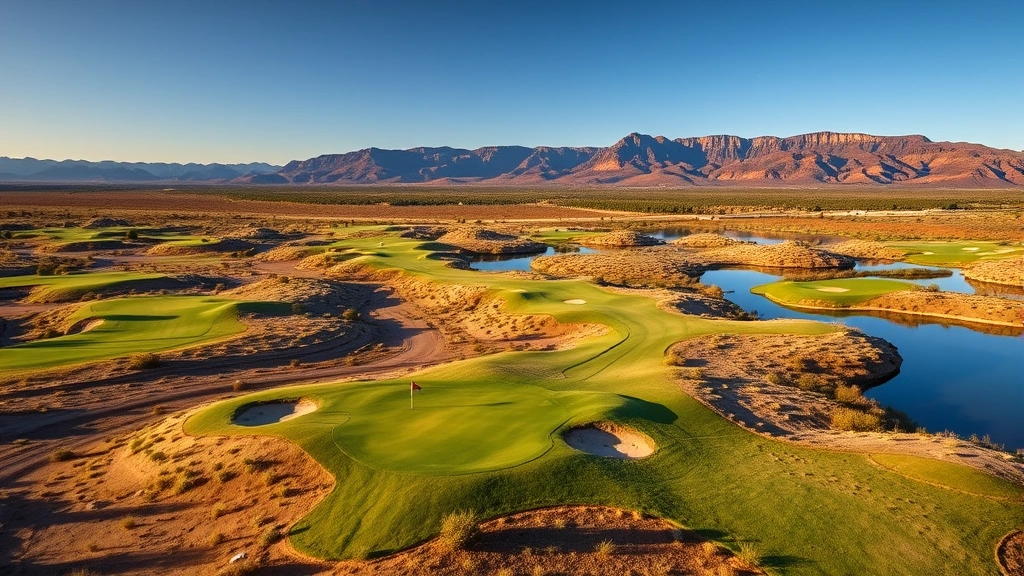 Aerial view of pristine 18-hole golf course with elevated greens, fairways lined with native vegetation, water hazards reflecting blue sky, Utah high desert landscape in background, professional turf conditions, early morning golden sunlight