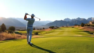 Professional golfer mid-swing on scenic elevated fairway with Utah mountains in background, morning sunlight illuminating course landscape, manicured green fairways stretching toward distant peaks, photorealistic golf course photography