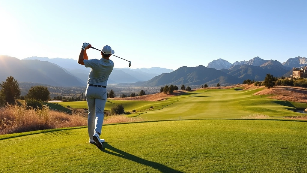 Professional golfer mid-swing on scenic elevated fairway with Utah mountains in background, morning sunlight illuminating course landscape, manicured green fairways stretching toward distant peaks, photorealistic golf course photography