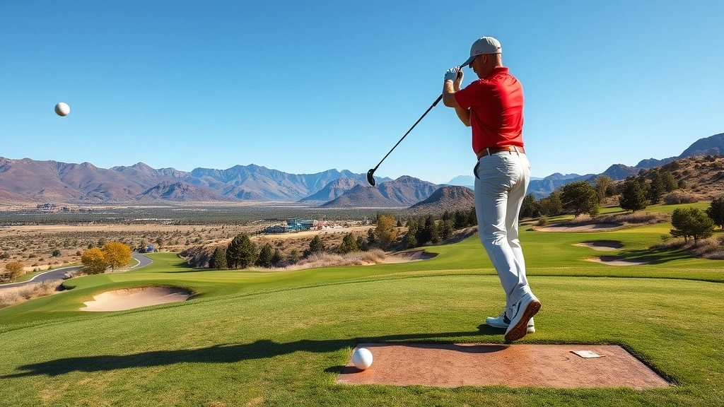 Close-up of golfer mid-swing on elevated tee box overlooking valley terrain, ball in flight, manicured fairway and bunkers visible below, clear Utah sky, demonstrating course elevation changes and strategic design