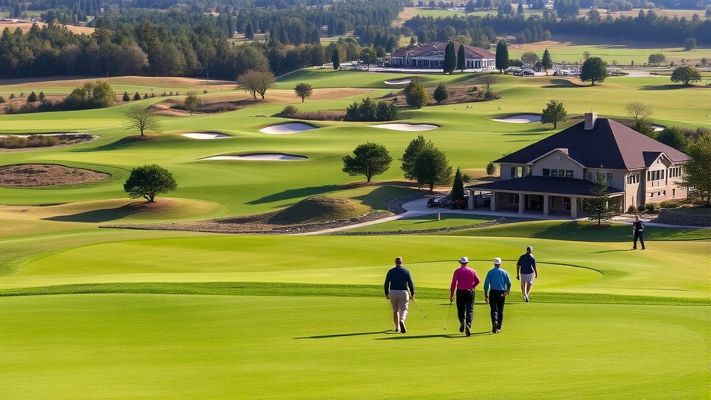 Golfers walking fairway toward elevated green with bunkers, practice facility visible in distance, modern clubhouse building, landscaped grounds, afternoon light, multiple golfers enjoying course conditions simultaneously