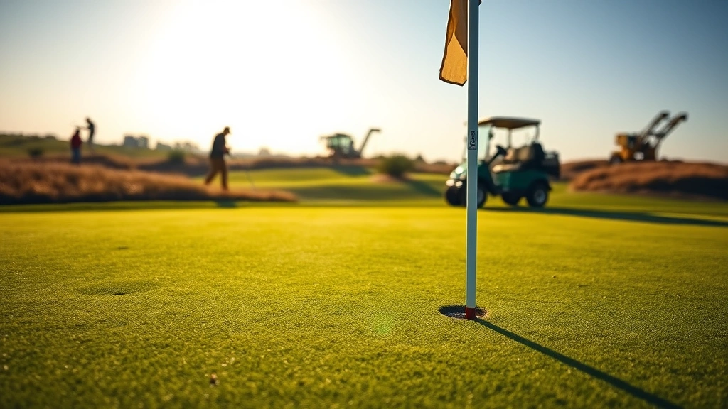 Close-up of pristine putting green with flag stick, professional green maintenance equipment visible in background, golfers in distance playing approach shots, sunlit fairways and rough areas showing course conditioning excellence