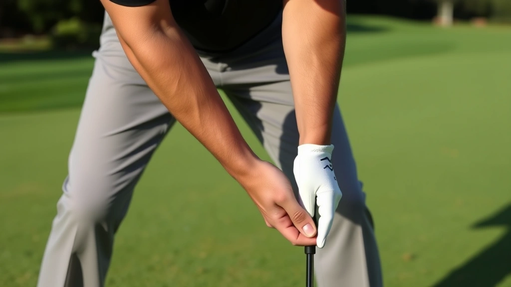 Professional golfer demonstrating proper grip and stance position at address, hands on club showing correct hand placement, standing on manicured fairway with natural lighting