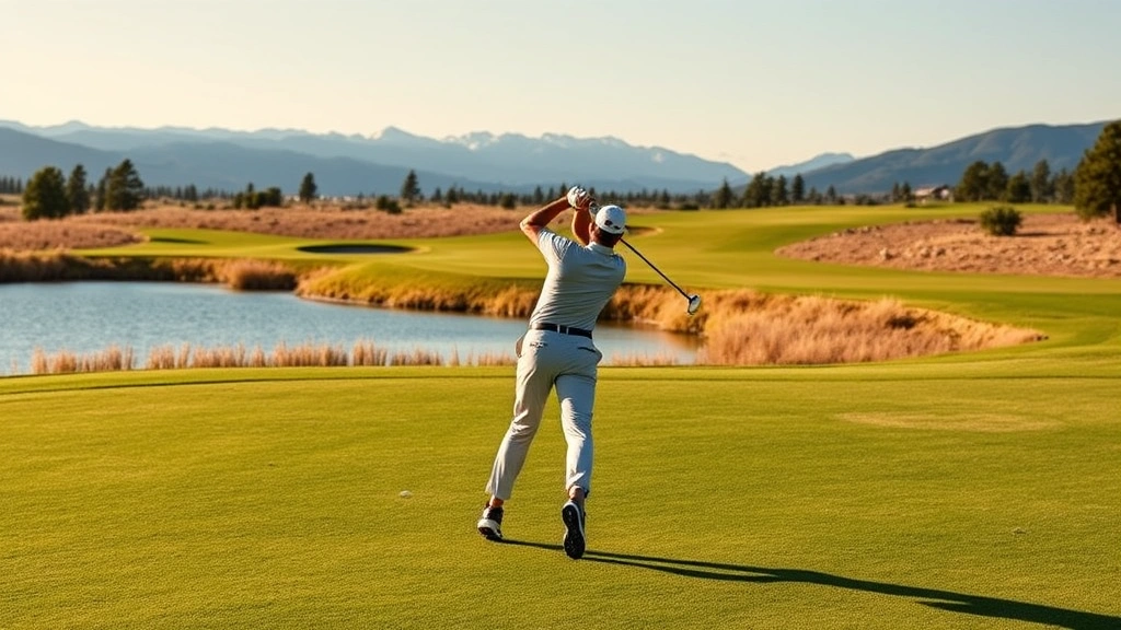 Golfer mid-swing on fairway with water hazard in background, Colorado mountains visible, sunny day, professional form demonstrated
