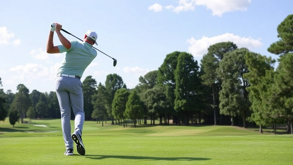 Golfer mid-backswing showing shoulder rotation and coil tension, body position demonstrating proper weight shift, professional golf course background with trees and fairway
