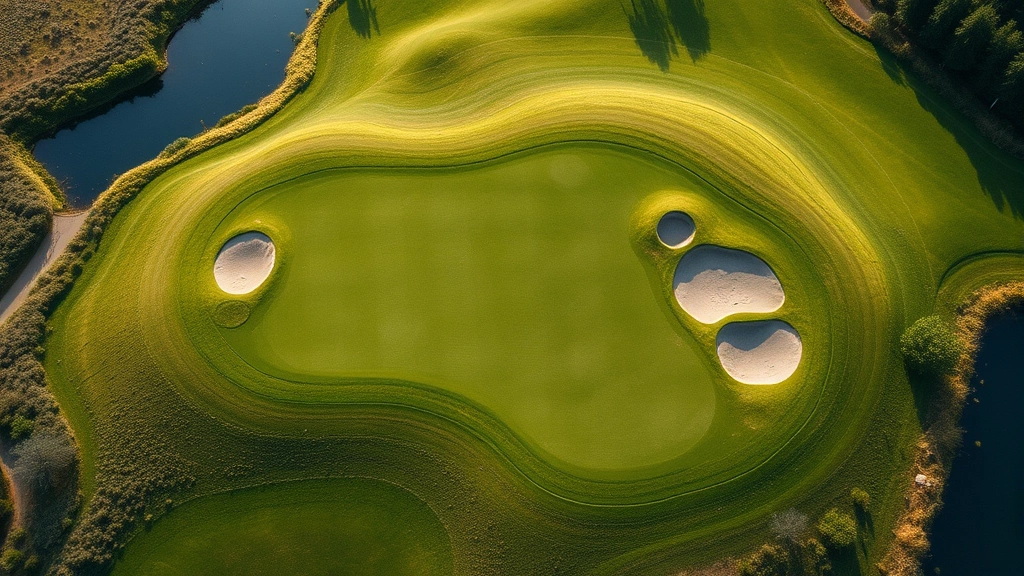 Aerial view of golf green with bunkers, undulating topography visible, manicured grass, water feature nearby, natural landscape setting