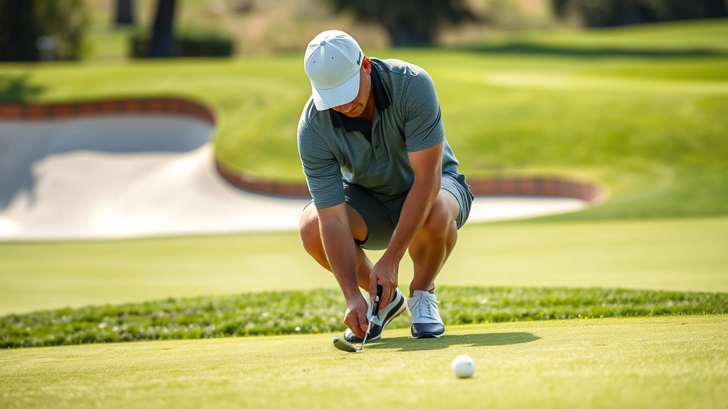 Golfer practicing short game near green, chipping technique demonstrated, bunker visible, concentration and precision focus, outdoor daylight