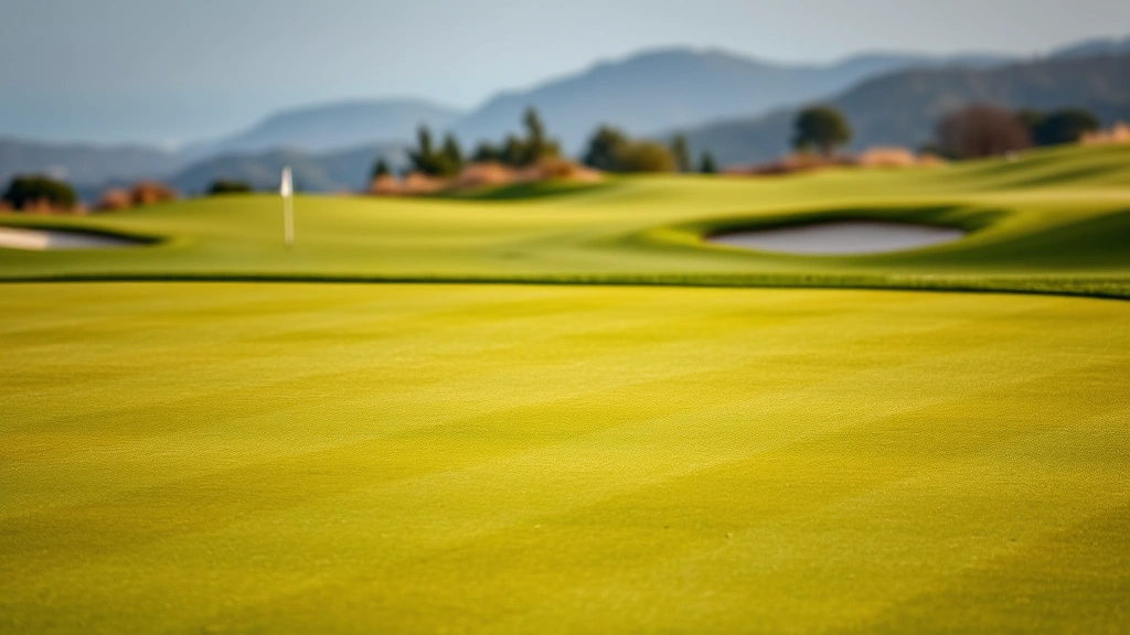 Well-maintained golf green with subtle slope and bunker defense, mountain vista in soft focus background, manicured fairway leading to green, natural landscape surrounding hole