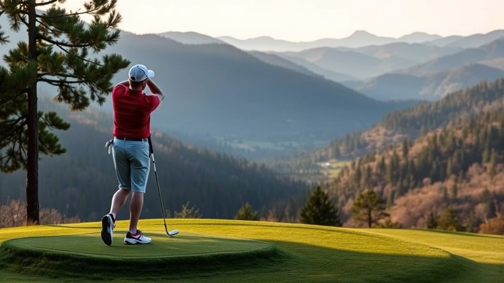 Golfer on elevated tee box overlooking valley landscape with forested slopes, dramatic elevation change visible, natural lighting with warm tones, peaceful mountain scenery