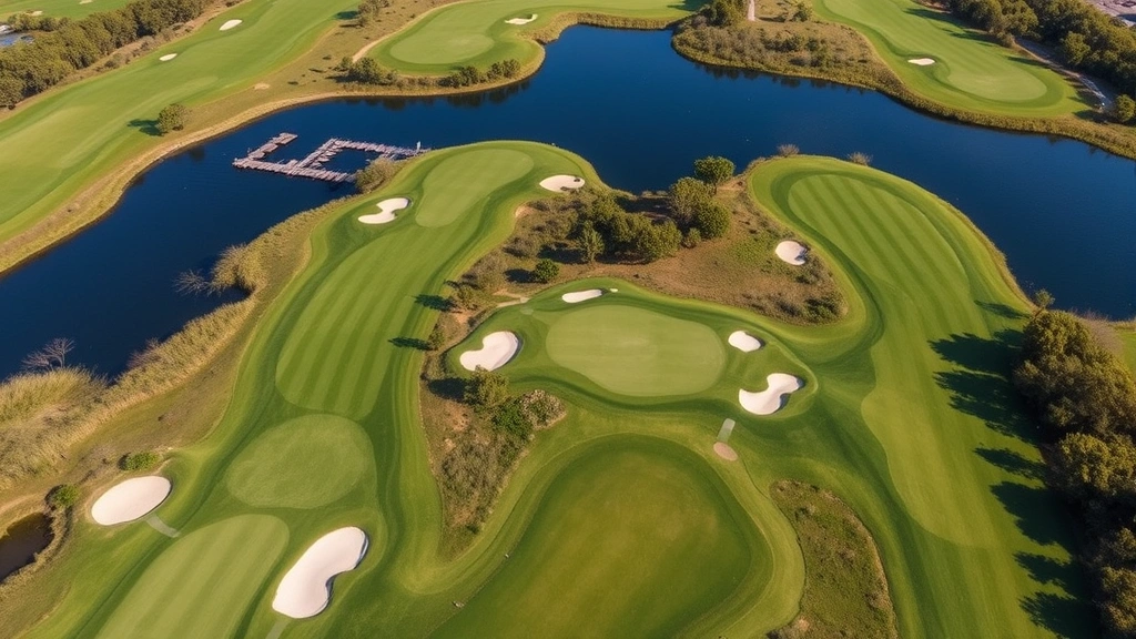 Championship golf course aerial view showing perfectly maintained greens, fairways, bunkers, and water features with natural landscape, professional photography