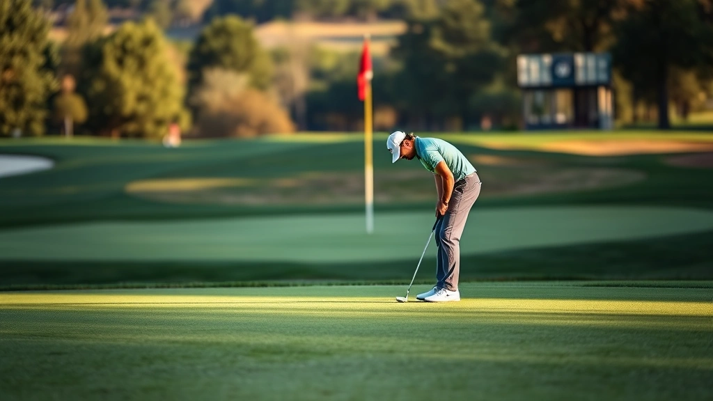 Golfer putting on immaculate green with flag in background, focused concentration, natural outdoor lighting, well-groomed course conditions, scenic setting